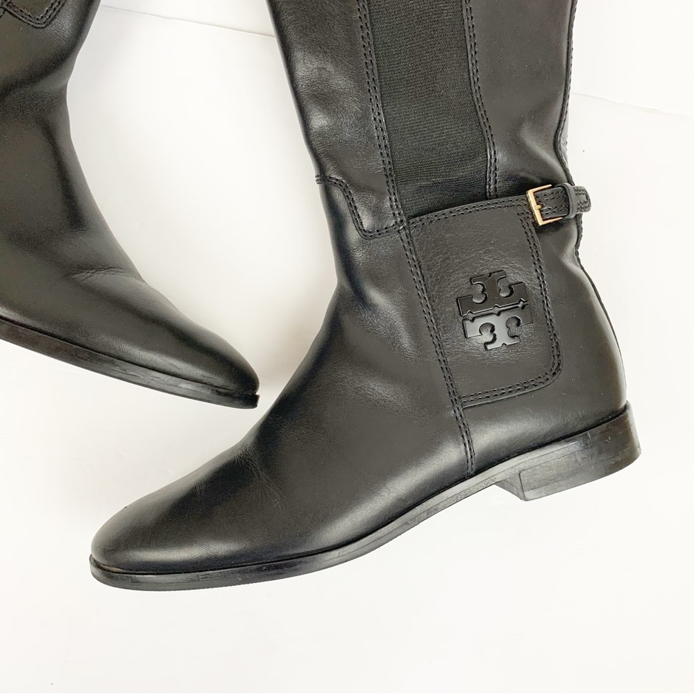 TORY BURCH Wyatt 2 Knee High Wide Calf Boots Black Leather Tory Logo SIZE 8.5